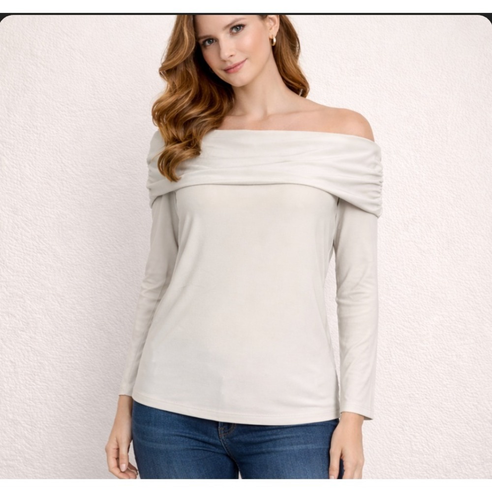 Frank Lyman Off Shoulder Ruched Top‎ Womens 6 Long Sleeve Chic Beige